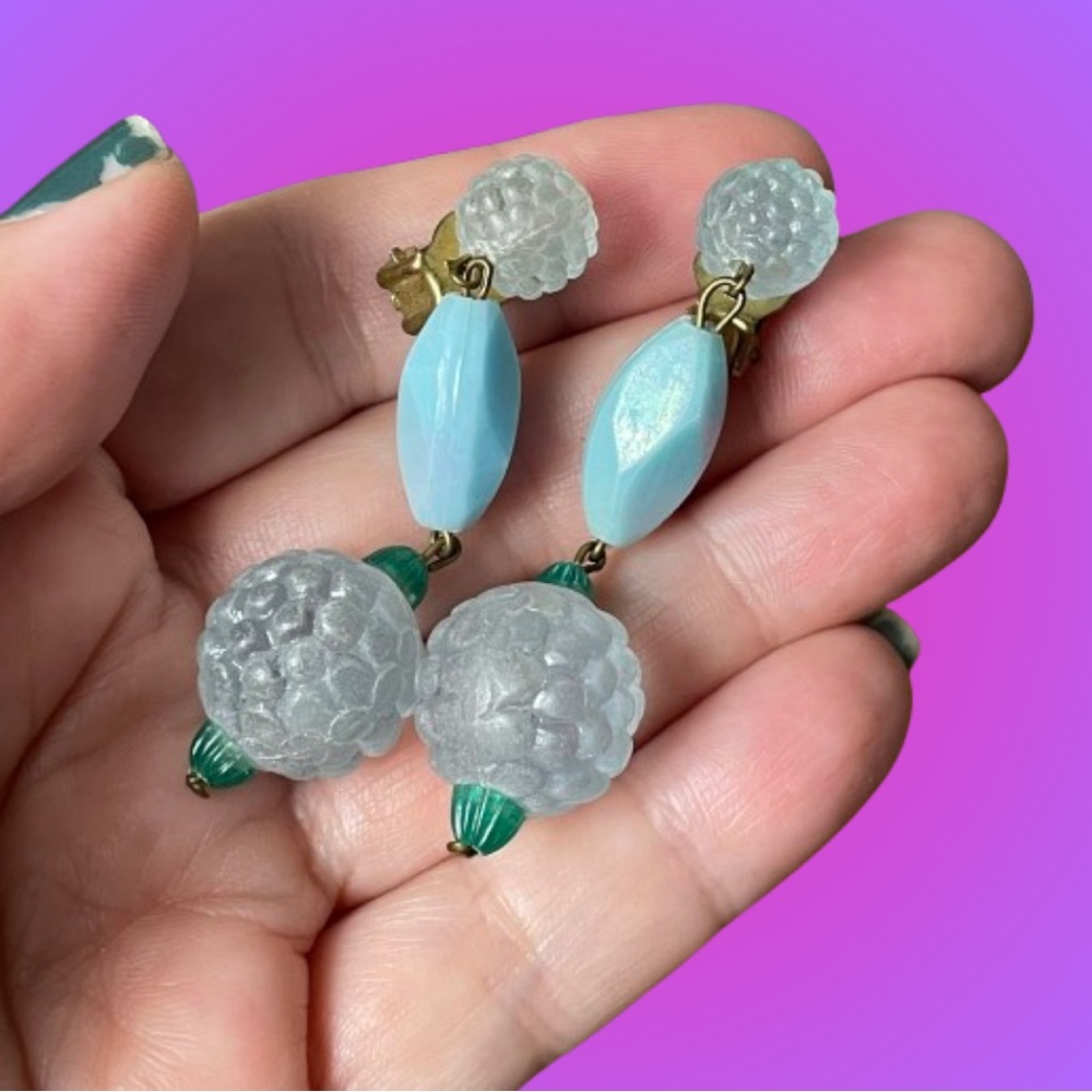 Vintage signed Austria textured blue plastic dangle clip earrings